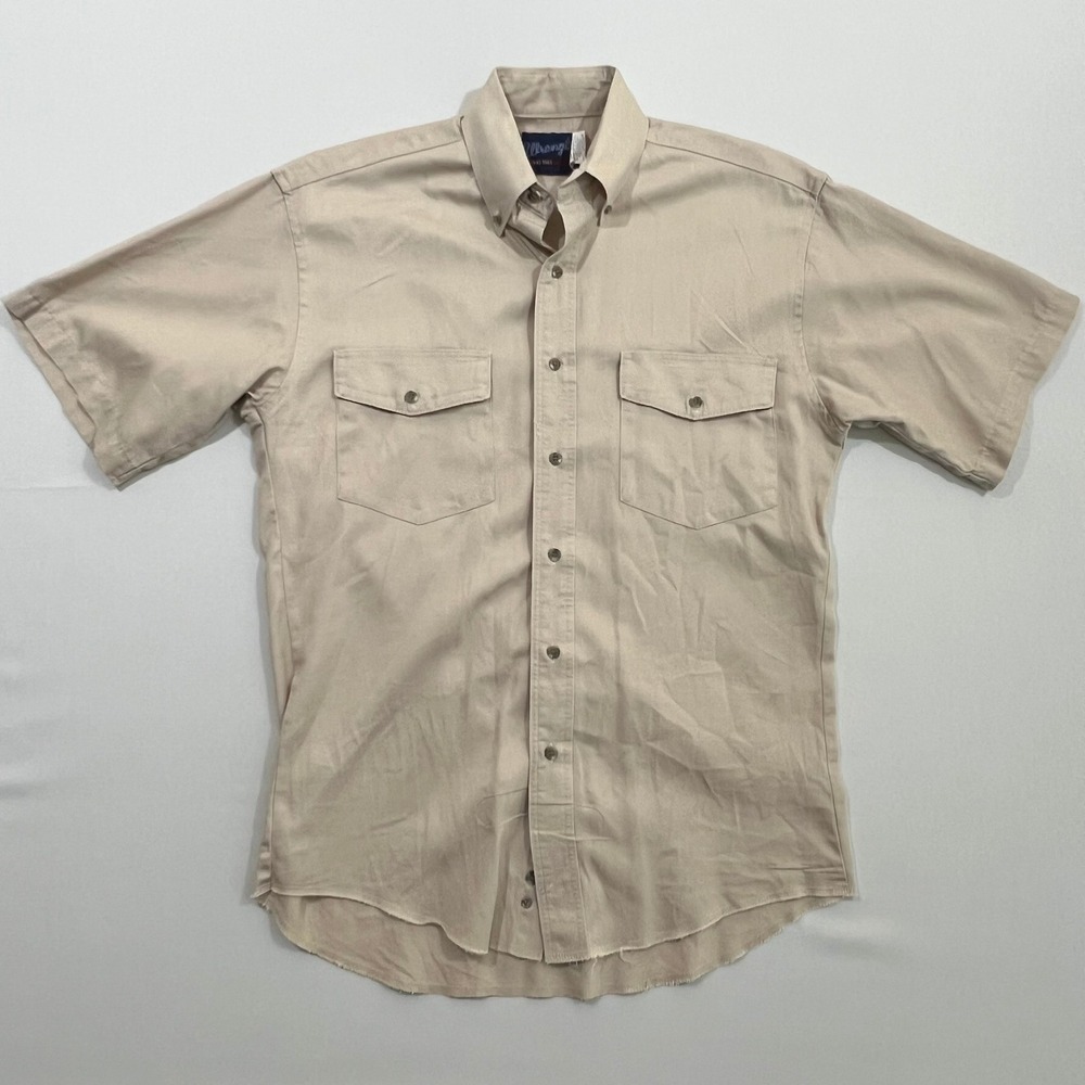 Vintage 90s Wrangler Western Shirt Short Sleeve X-Long Tails Tan Men‎ 14.5 Small